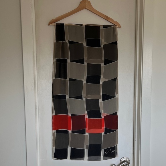 Vintage Echo Modern Geometric Sheer Silk Long Silk Scarf Black, Gray, Red - Picture 1 of 9